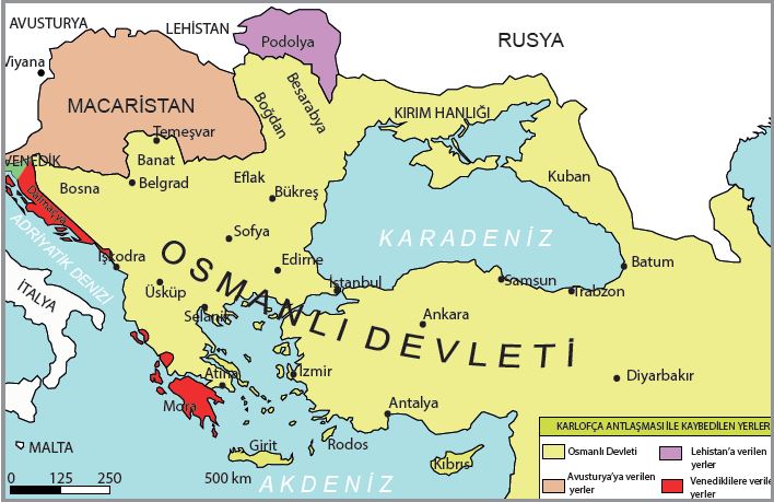 Karlofça Antlaşması ile değişen Osmanlı Devleti sınırları (1699)