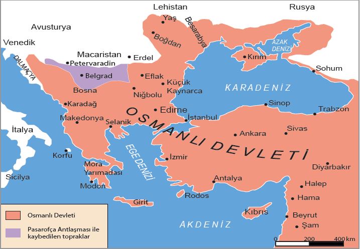 Pasarofça Antlaşması’na göre Osmanlı Devleti sınırları (1718)